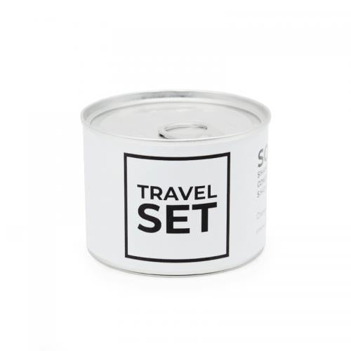 TRAVEL SET - SHAMPOO SHOWER TOOTHPASTE CONFEZIONE IN LATTA RICHIUDIBILE DOPO L'APERTURA
