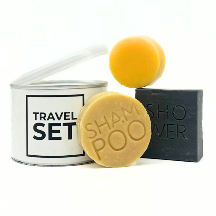 TRAVEL SET - SHAMPOO CONDITIONER SHOWER CONFEZIONE IN LATTA RICHIUDIBILE DOPO L'APERTURA