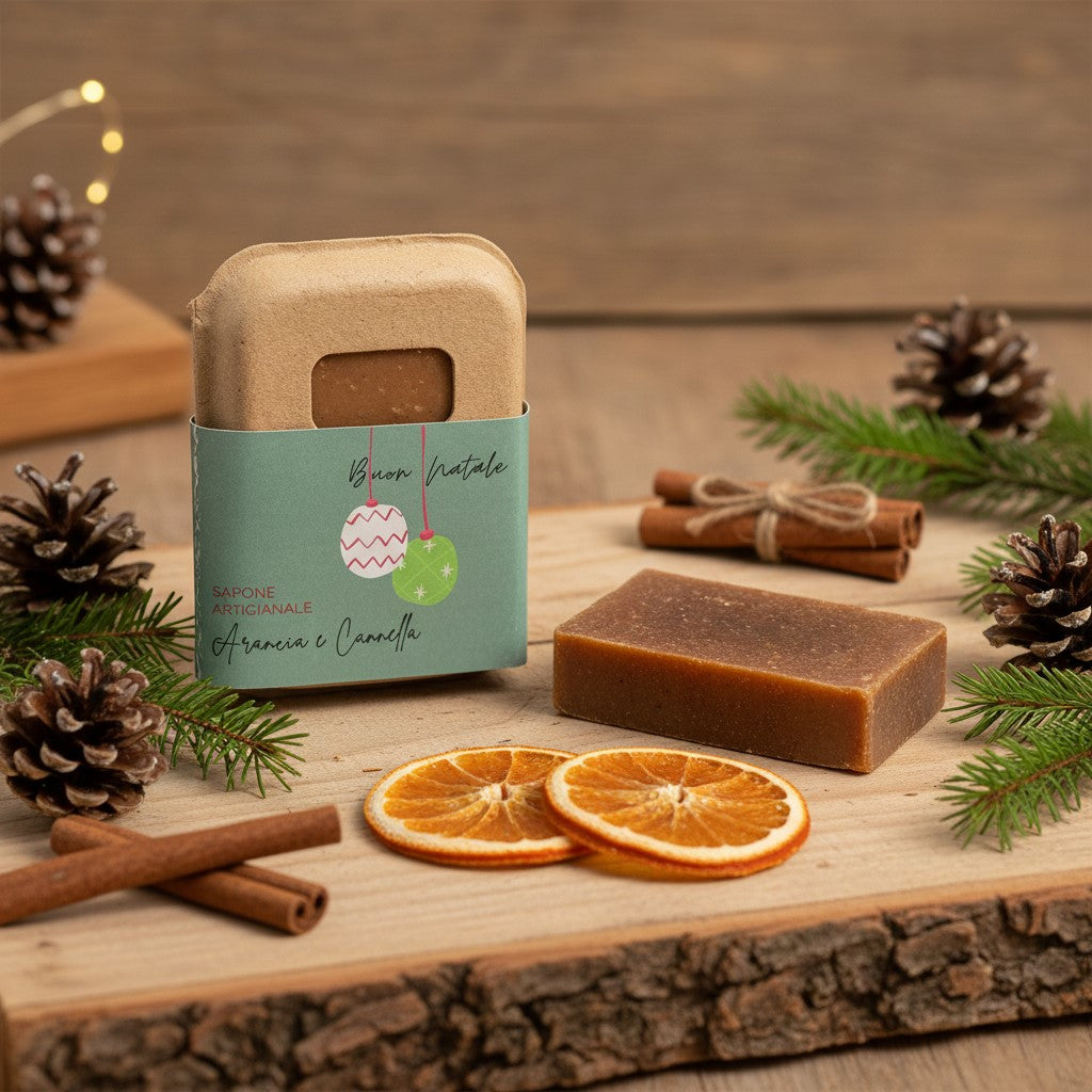 SAPONE DI NATALE ALL'ARANCIA E CANNELLA IN PACKAGING DI CARTONE RICICLATO