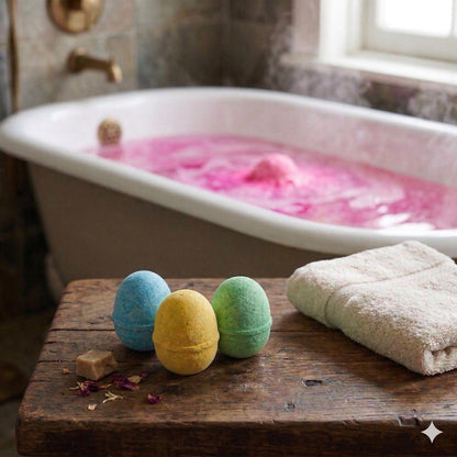 CONFEZIONE REGALO PER OGNI OCCASIONE, PERFETTA PER LA PASQUA: SET DI 4 BOMBE DA BAGNO A FORMA UOVO