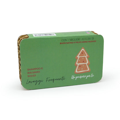 CONFEZIONE NATALIZIA SHAMPOO SOLIDO THE NERO E BERGAMOTTO + BALSAMO SOLIDO FLEUR D'IRIS PER LAVAGGI FREQUENTI