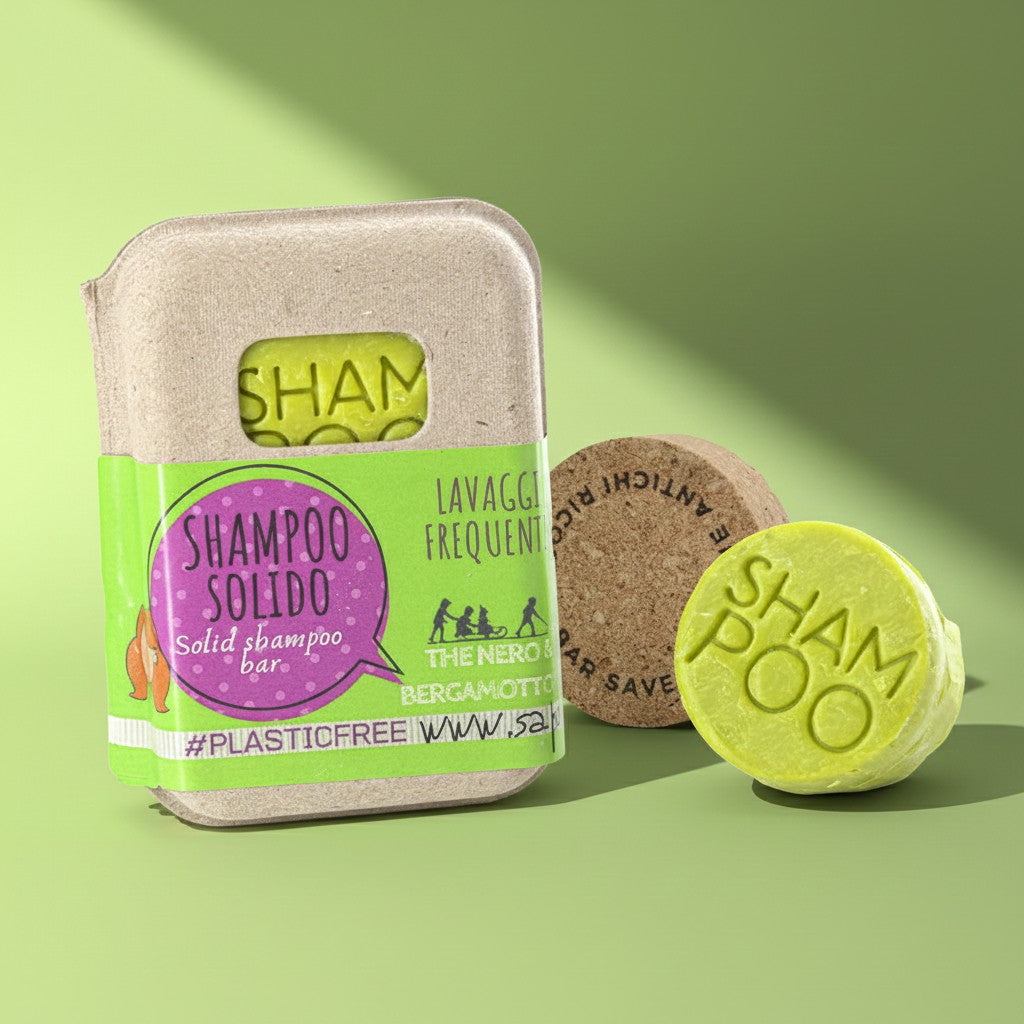 SHAMPOO SOLIDO LAVAGGI FREQUENTI AL THE NERO E BERGAMOTTO CON BAR SAVER IN SUGHERO