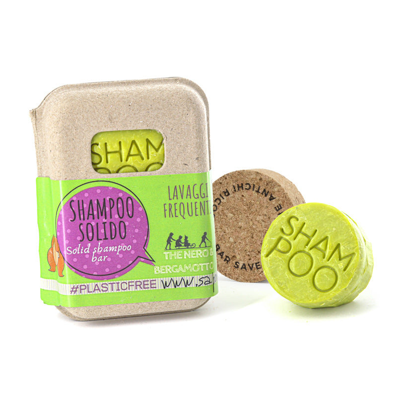 SHAMPOO SOLIDO LAVAGGI FREQUENTI AL THE NERO E BERGAMOTTO CON BAR SAVER IN SUGHERO