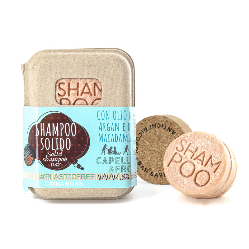 SHAMPOO SOLIDO CAPELLI AFRO O RICCI POROSI ALLA CANNELLA CON BAR SAVER IN SUGHERO